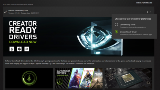 Драйвер NVIDIA GeForce Creator Ready 419.67 WHQL Повышает.